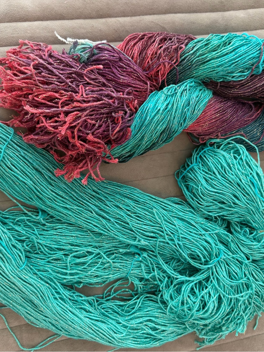 Hand-Dyed Teal and Burgundy Yarn bundles of strands